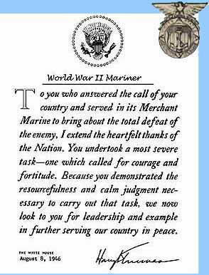 thank you letter to mariners from President Truman. mariner discharge pin