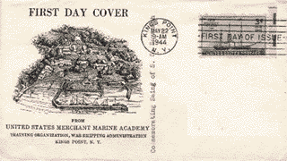 1944 Steamship stamp on a First Day Cover shows an aerial view United States Merchant Marine Academy