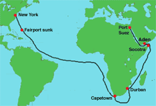 Route of SS Seatrain Texas from New York to Port Suez, Egypt